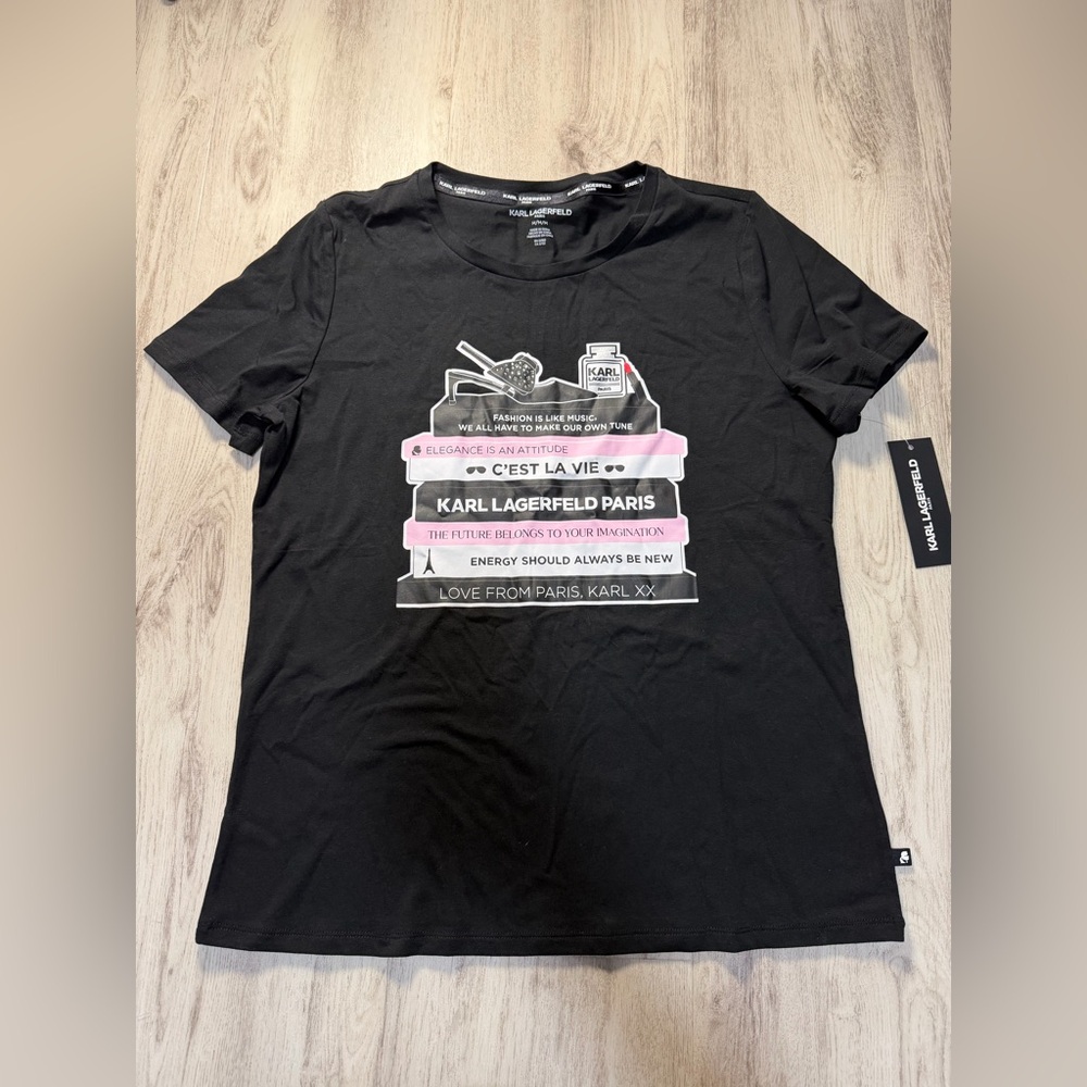 Karl Lagerfeld Black Tee with Pink and White Graphics